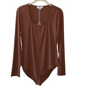 Gilli Brown Ribbed Square Neck Bodysuit, NWT, Size Large